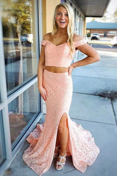 Mermaid 2 Piece Yellow Prom Dresses Cheap Off Shoulder with Split - MyChicDress